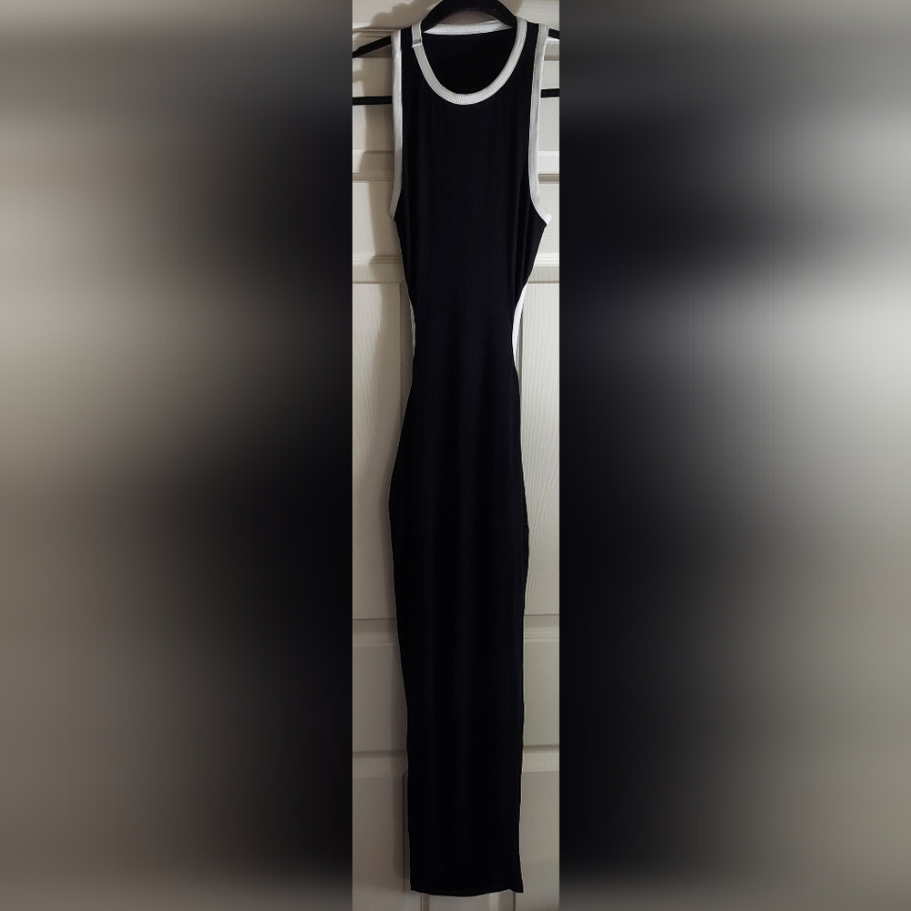 Sleek Black Maxi Tank Dress with White Trim With Cutout. Size Large. D-420